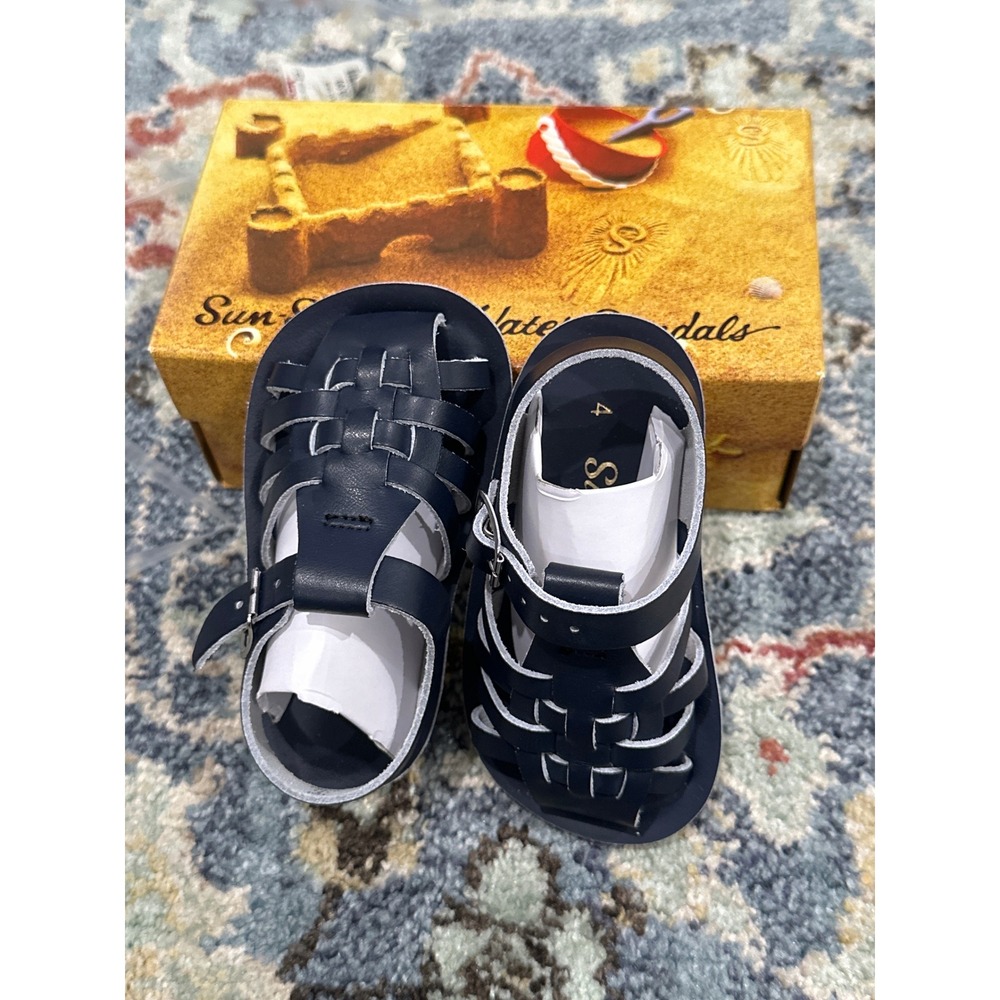 Sun San Sailor Sandals Boys 4 Toddler Navy Blue Leather Fisherman NEW